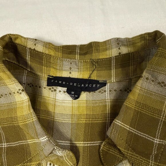 Women’s Olive Green Mustard Plaid Button Down Shirt Size Large – Long Sleeve Cur - Picture 3 of 8